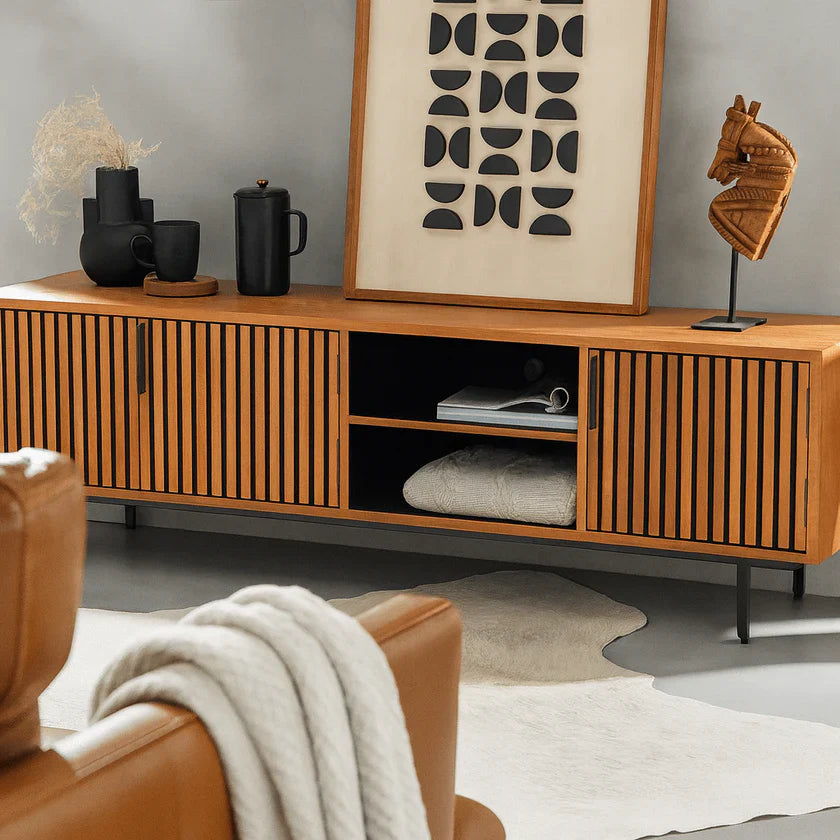 Mid-Century Wooden TV Stand With Fluted Doors