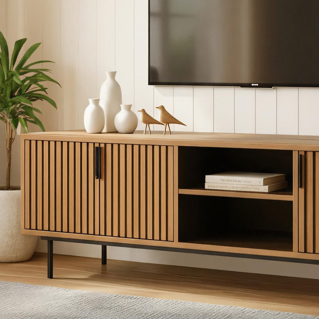Mid-Century Wooden TV Stand With Fluted Doors