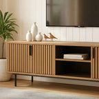Mid-Century Wooden TV Stand With Fluted Doors