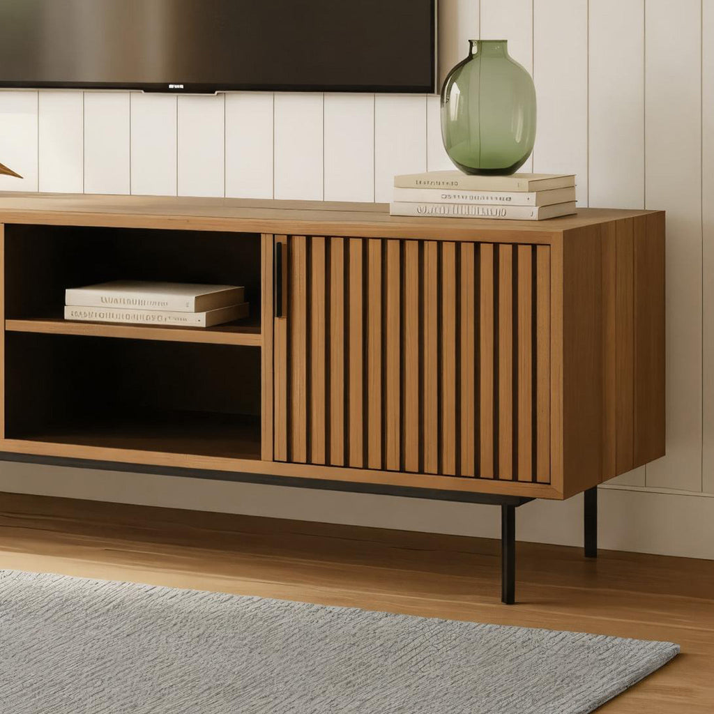 Mid-Century Wooden TV Stand With Fluted Doors