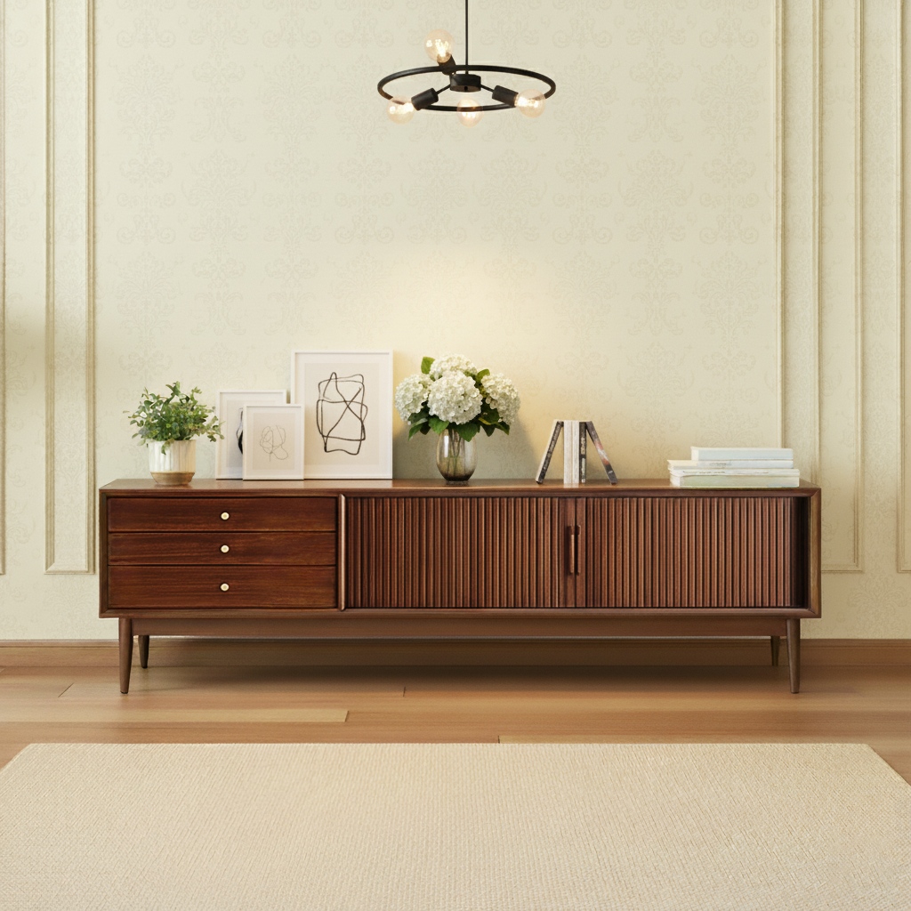 Mid-Century Wooden TV Stand With Fluted Doors And Storage Drawers