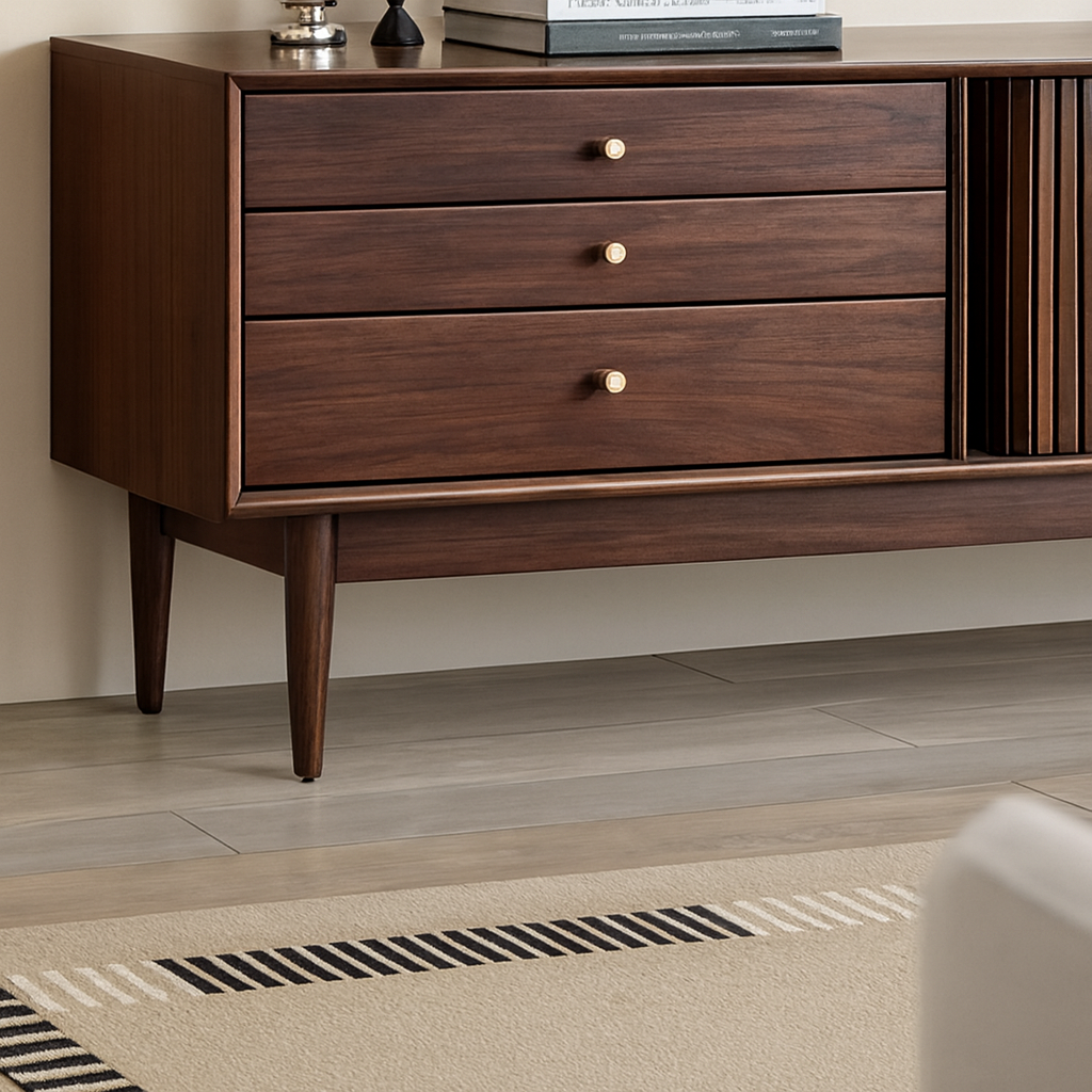 Mid-Century Wooden TV Stand With Fluted Doors And Storage Drawers