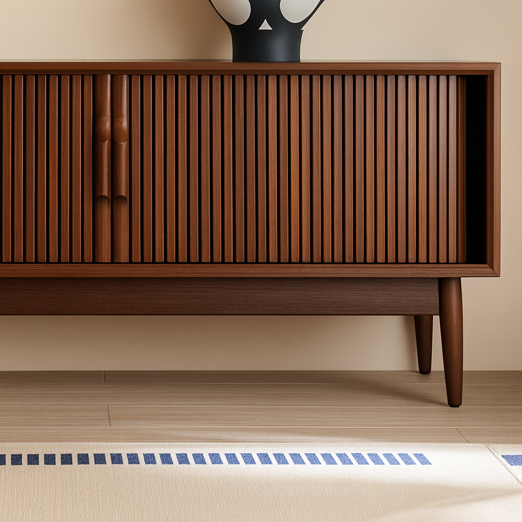 Mid-Century Wooden TV Stand With Fluted Doors And Storage Drawers