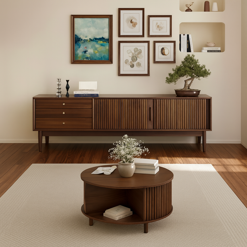 Mid-Century Wooden TV Stand With Fluted Doors And Storage Drawers