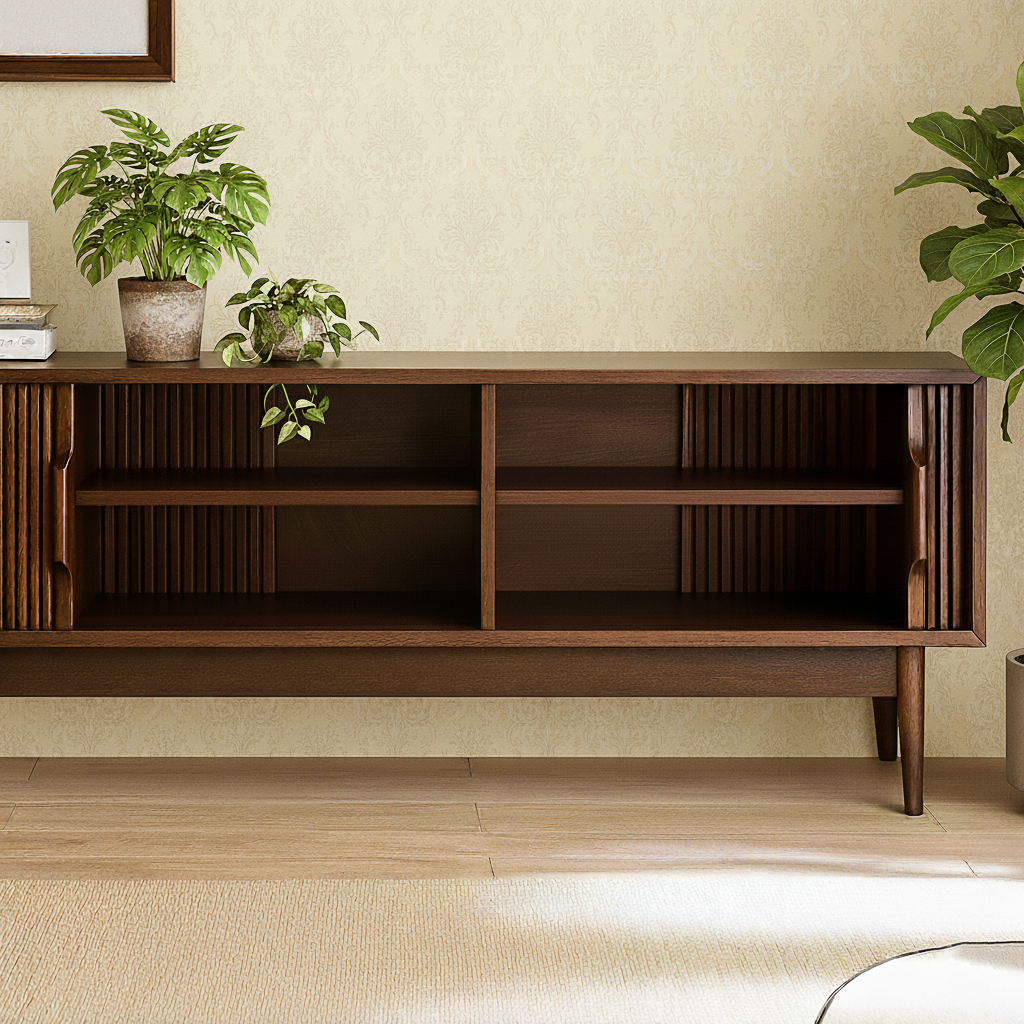 Mid-Century Wooden TV Stand With Fluted Doors And Storage Drawers