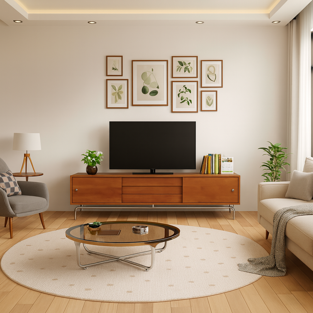 Mid-Century Wooden TV Stand With Metal Base For Living Room