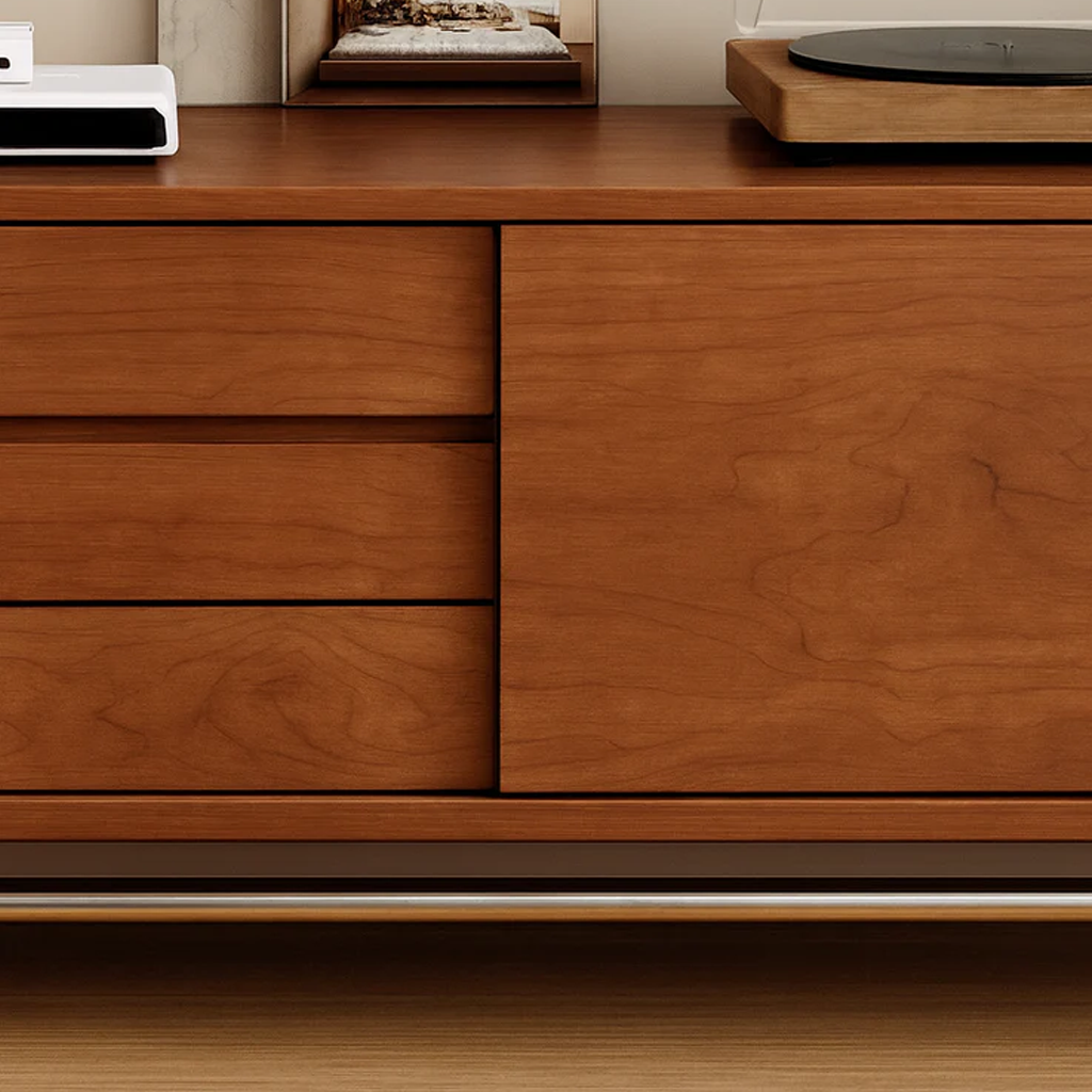 Mid-Century Wooden TV Stand With Metal Base For Living Room