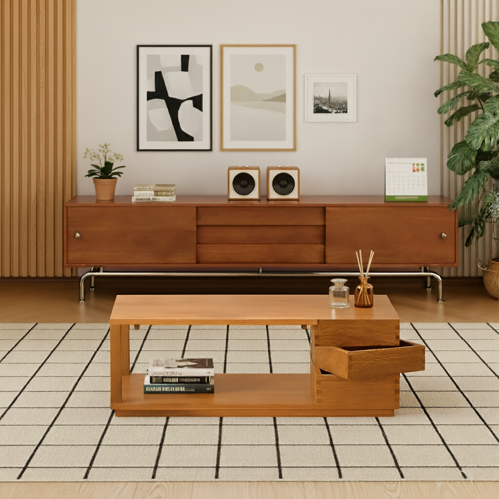 Mid-Century Wooden TV Stand With Metal Base For Living Room