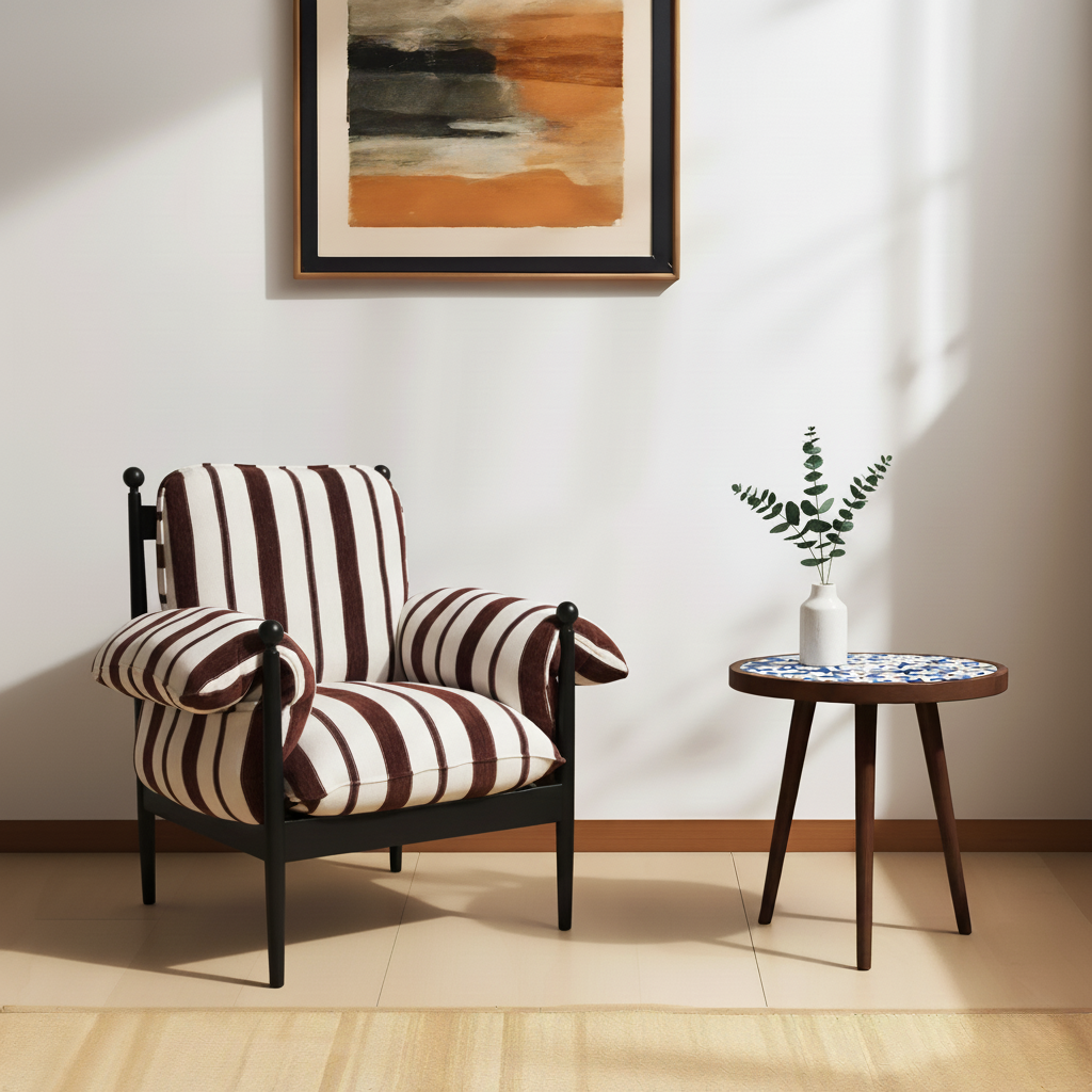 Modern Accent Chair With Striped Upholstered Seat For Living Room
