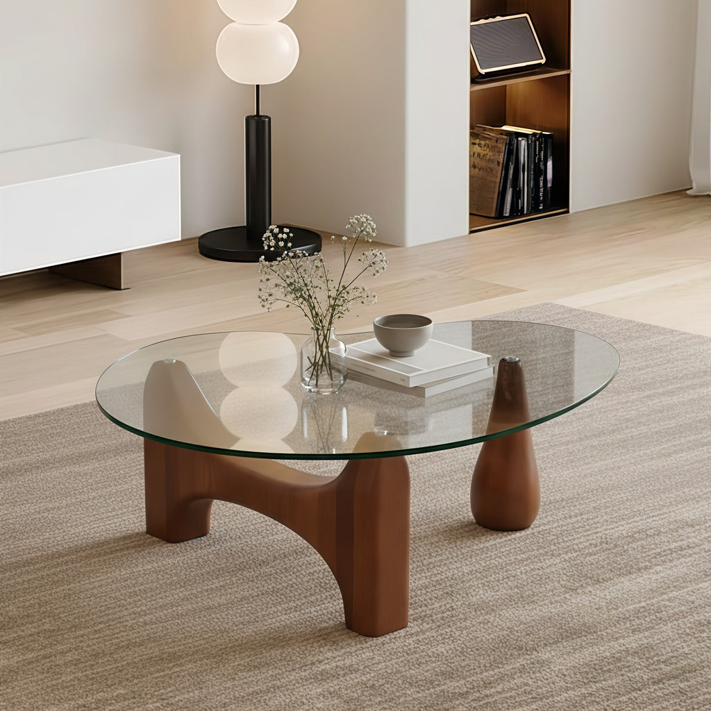 Modern Glass Coffee Table With Sculptural Wooden Base