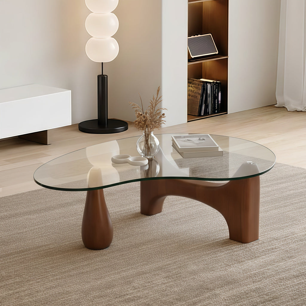 Modern Glass Coffee Table With Sculptural Wooden Base