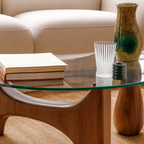 Modern Glass Coffee Table With Sculptural Wooden Base