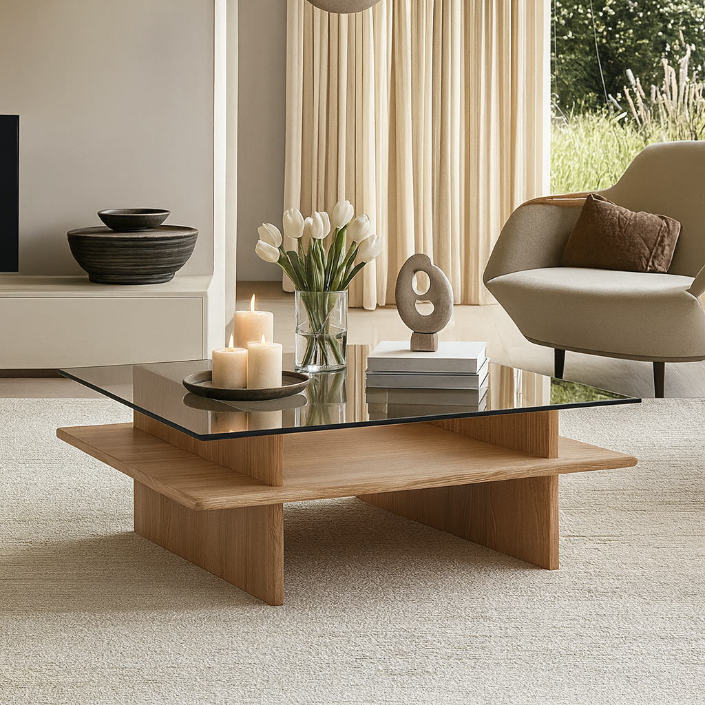Modern Glass Top Coffee Table With Wooden Shelf For Living Room