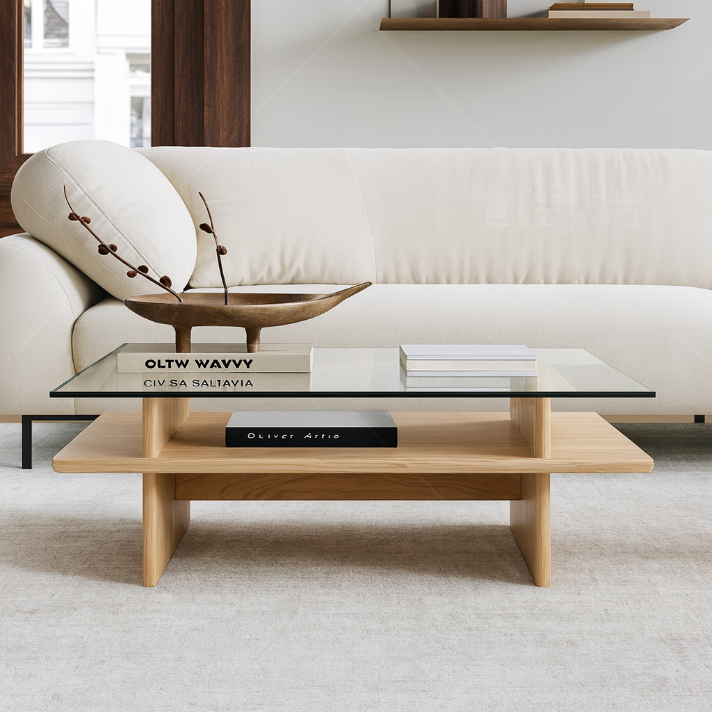 Modern Glass Top Coffee Table With Wooden Shelf For Living Room