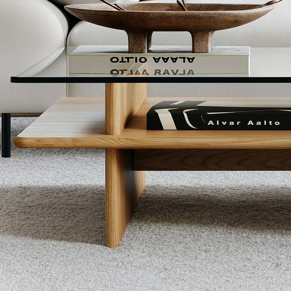 Modern Glass Top Coffee Table With Wooden Shelf For Living Room