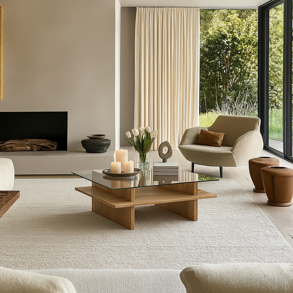 Modern Glass Top Coffee Table With Wooden Shelf For Living Room