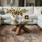 Modern Round Glass Top Coffee Table With Wooden Cross Base For Living Room