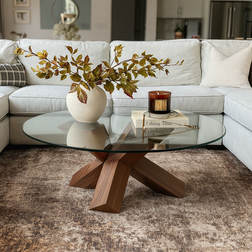 Modern Round Glass Top Coffee Table With Wooden Cross Base For Living Room