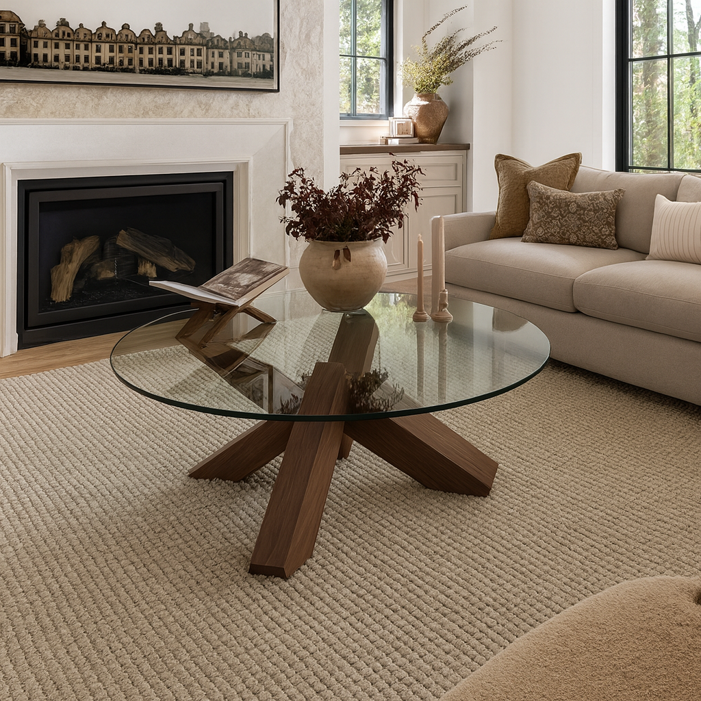 Modern Round Glass Top Coffee Table With Wooden Cross Base For Living Room