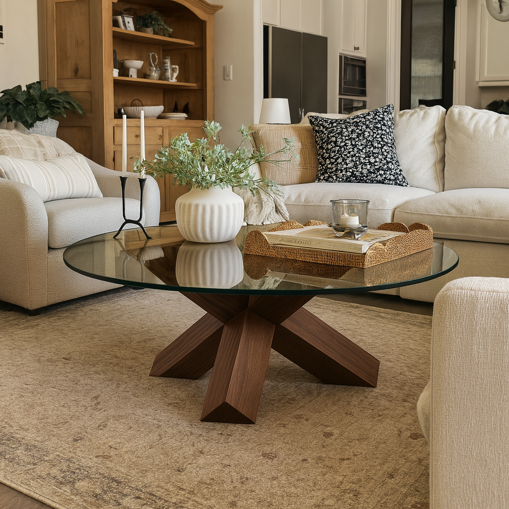 Modern Round Glass Top Coffee Table With Wooden Cross Base For Living Room