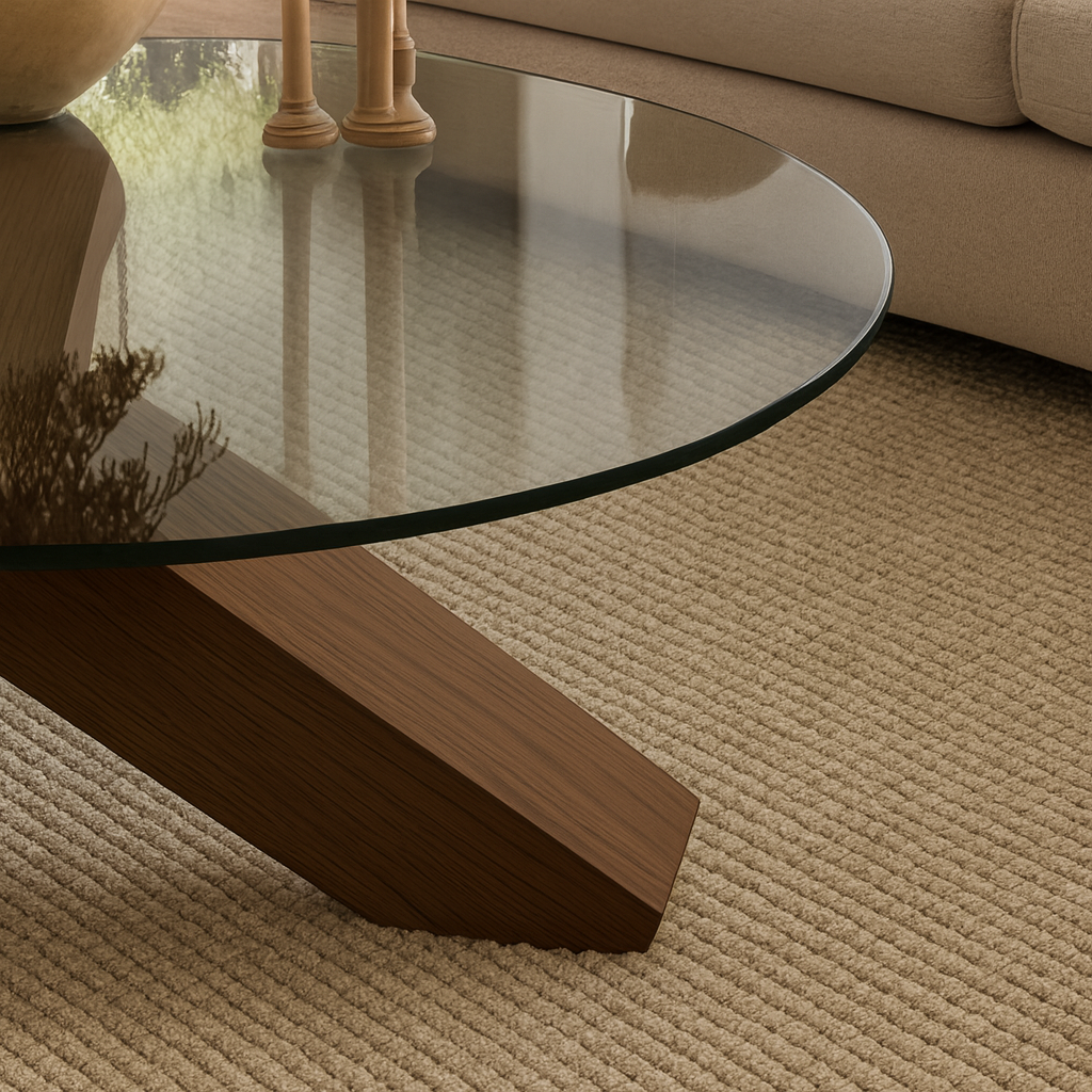 Modern Round Glass Top Coffee Table With Wooden Cross Base For Living Room