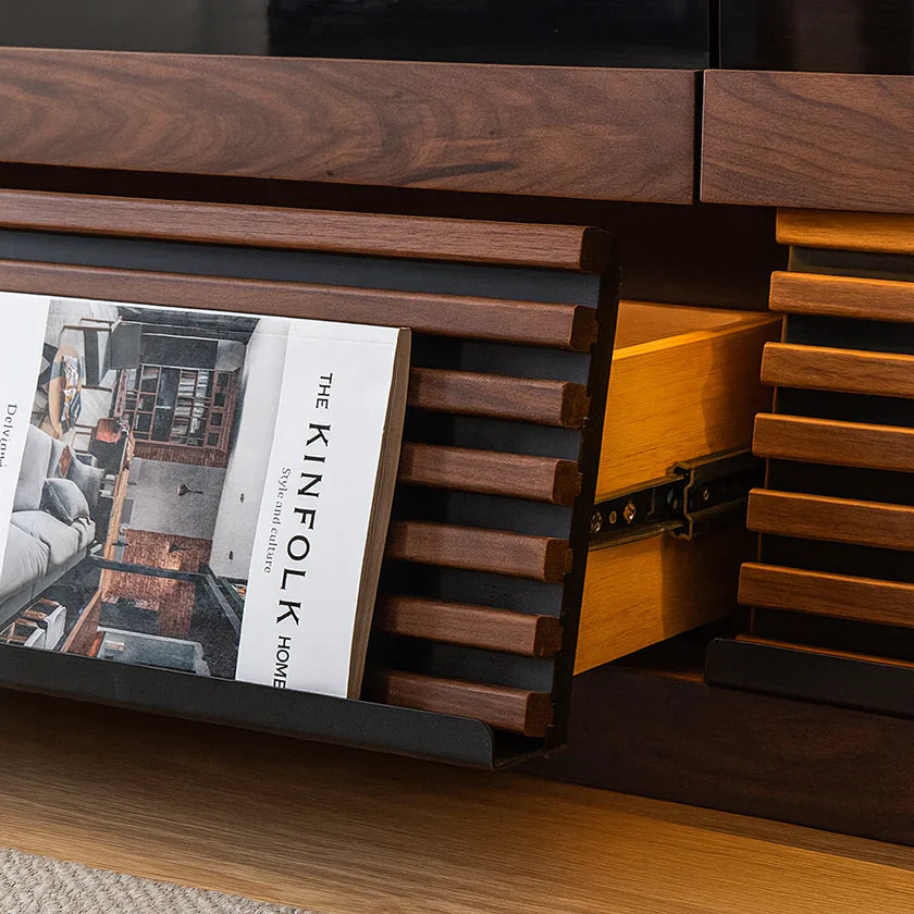 Modern Solid Wood TV Stand With Fluted Slatted Front