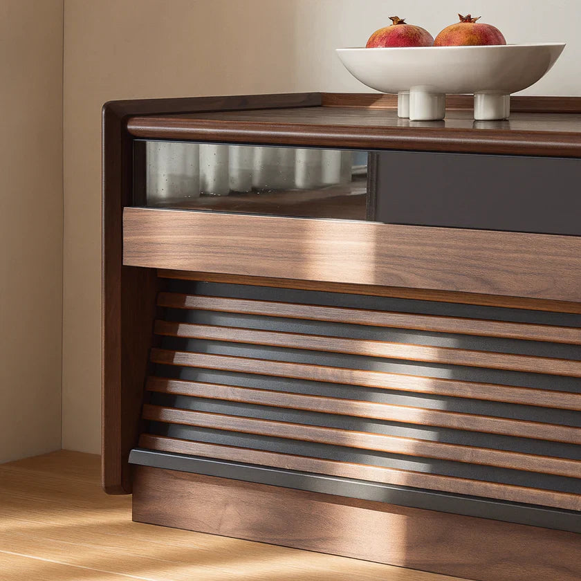 Modern Solid Wood TV Stand With Fluted Slatted Front