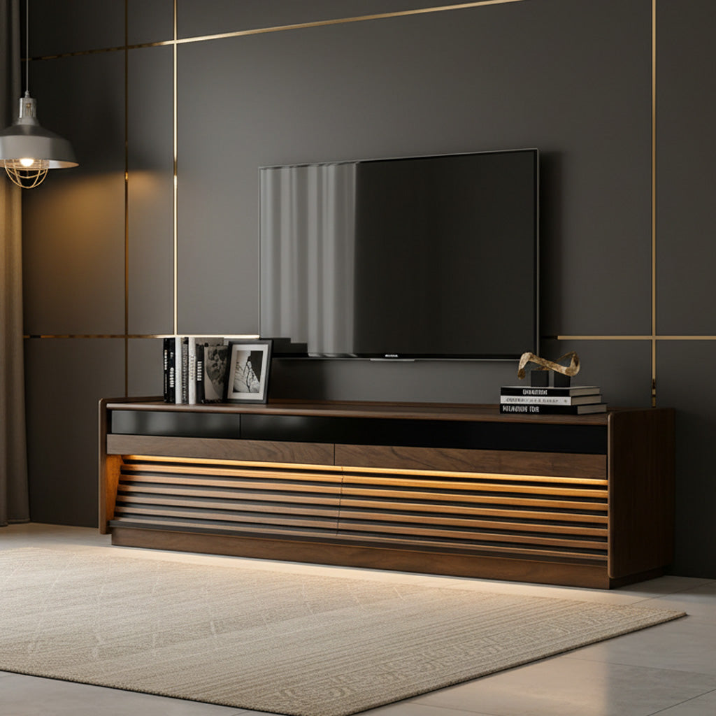 Modern Solid Wood TV Stand With Fluted Slatted Front