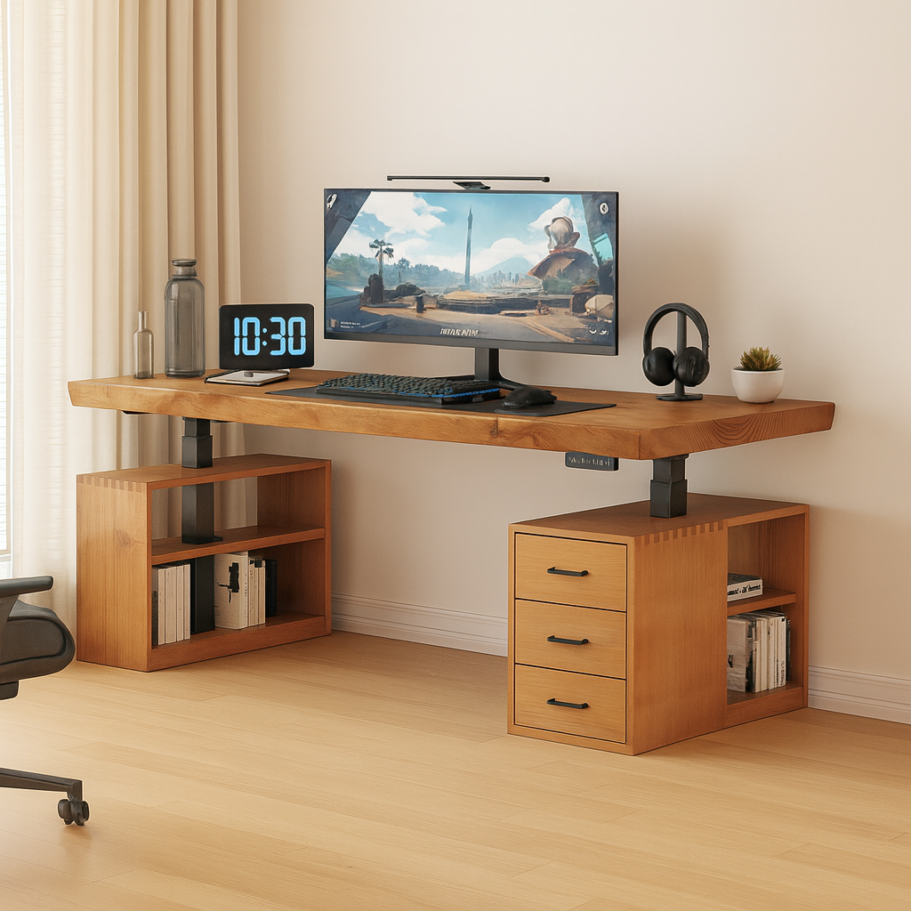 Modern Wooden Adjustable Standing Desk With Storage Shelves And Drawers For Home Office