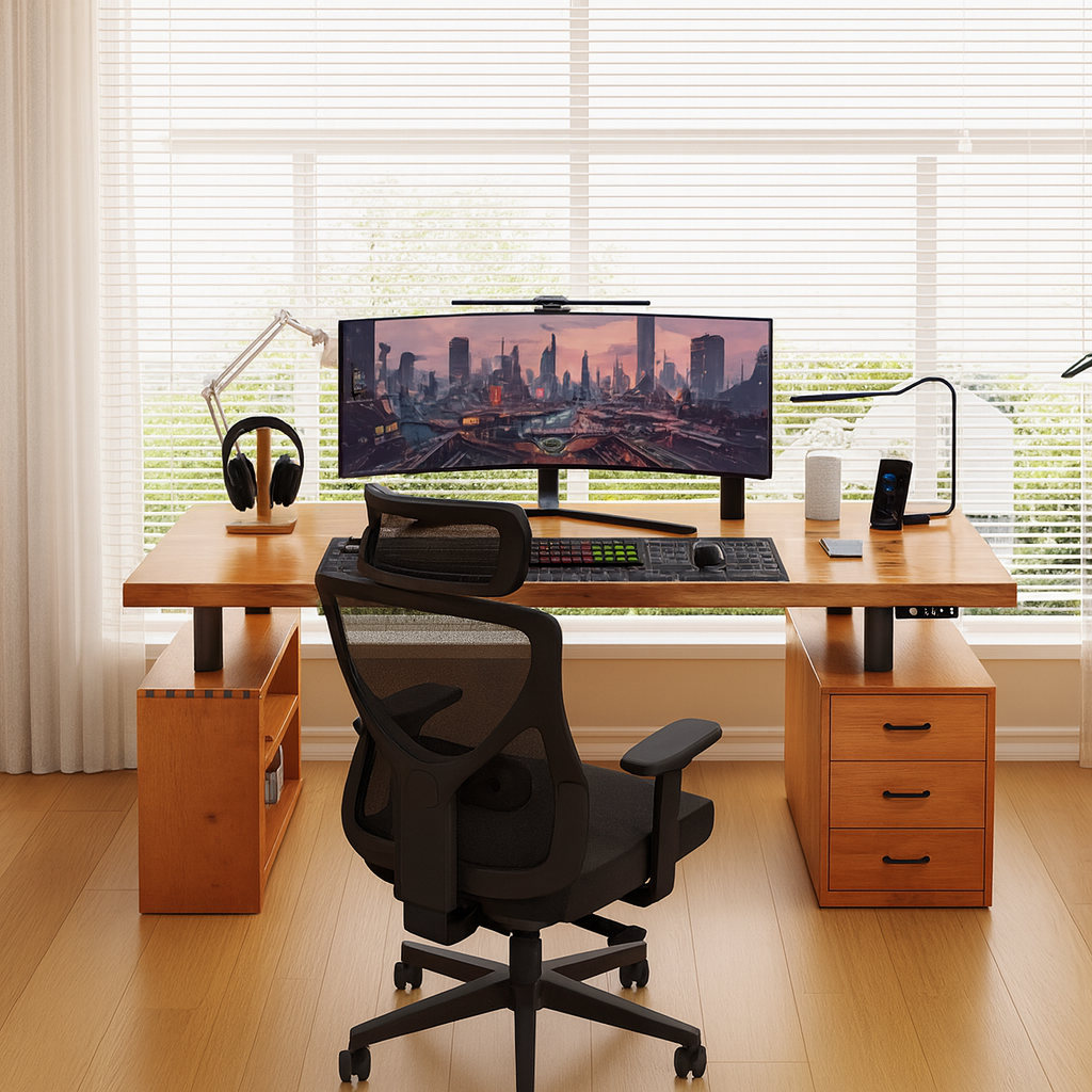 Modern Wooden Adjustable Standing Desk With Storage Shelves And Drawers For Home Office