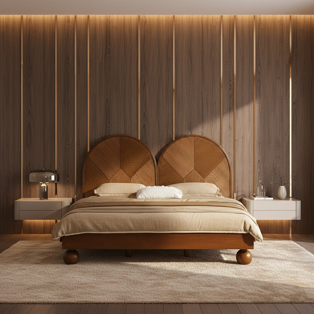 Modern Wooden Bed Frame With Double Arch Headboard For Bedroom