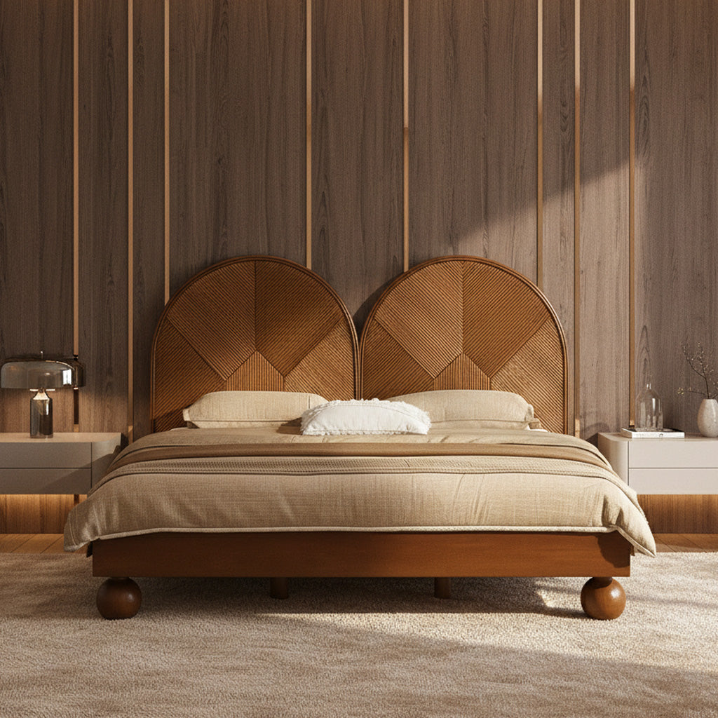 Modern Wooden Bed Frame With Double Arch Headboard For Bedroom