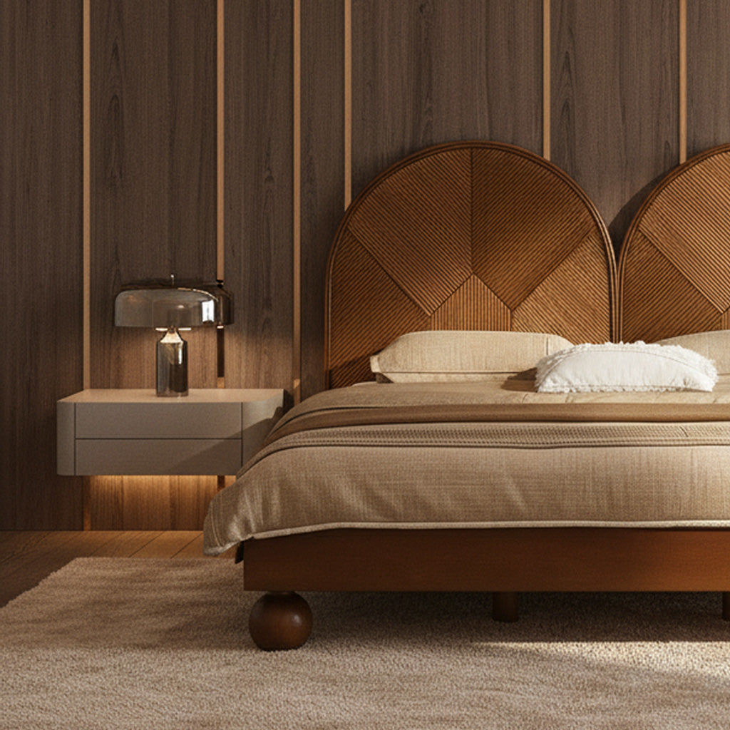Modern Wooden Bed Frame With Double Arch Headboard For Bedroom
