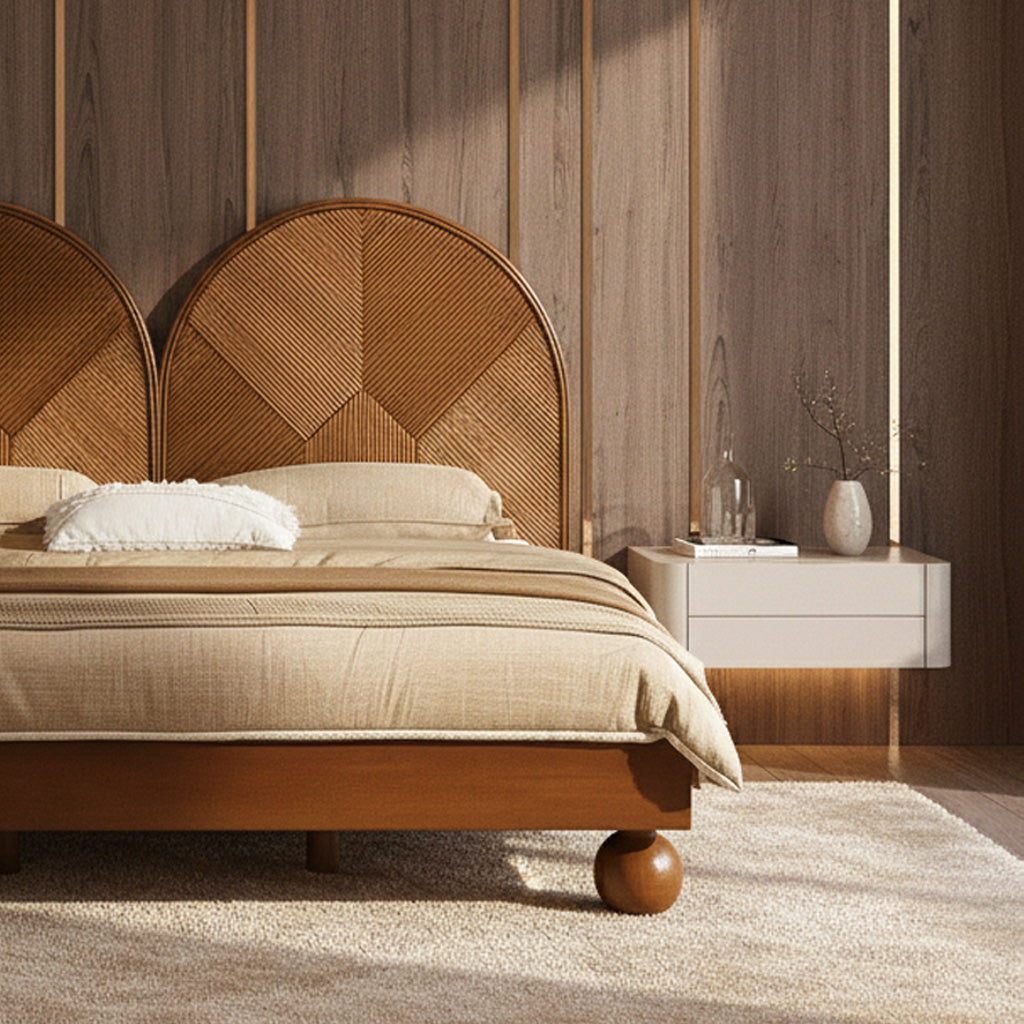 Modern Wooden Bed Frame With Double Arch Headboard For Bedroom