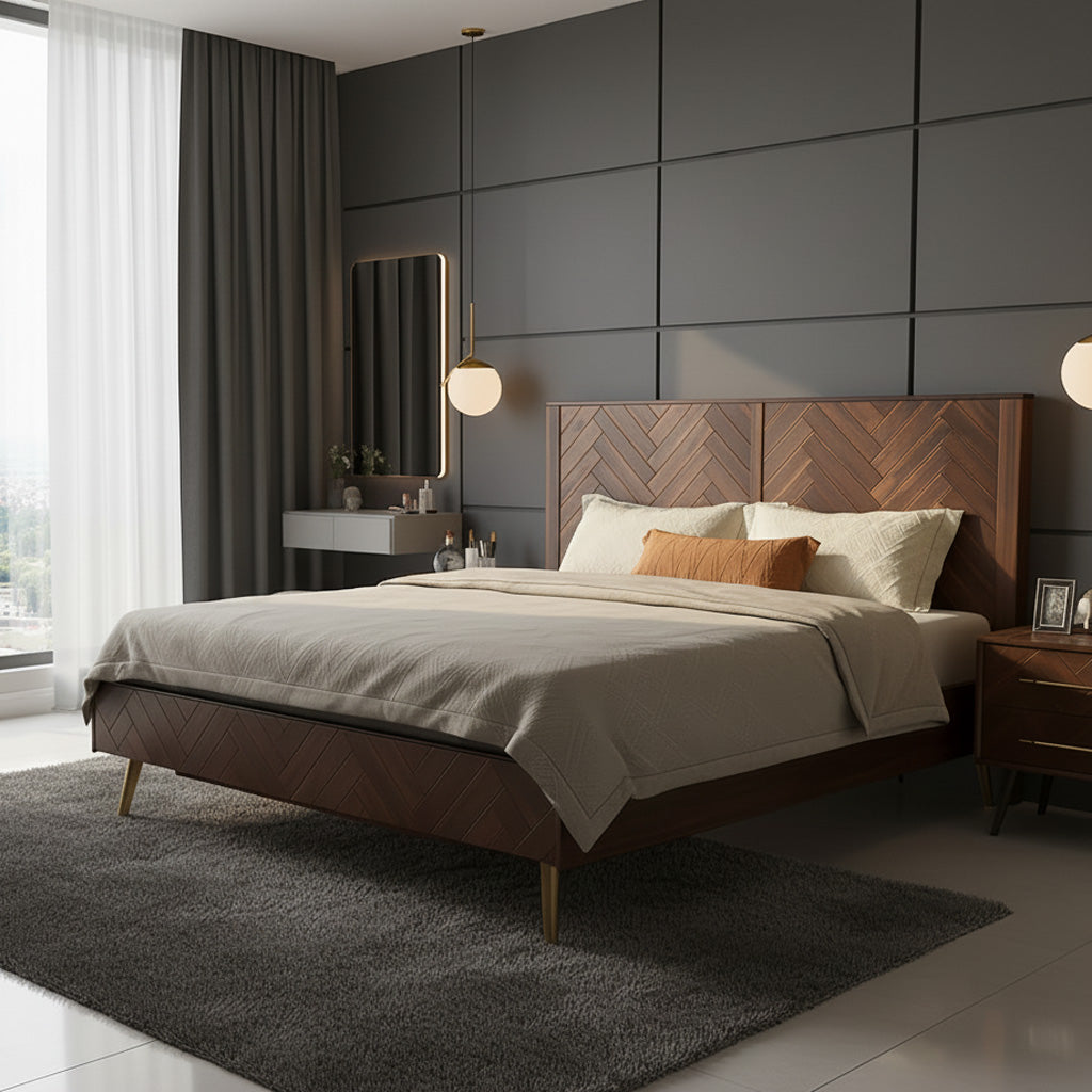 Modern Wooden Bed Frame With Herringbone Headboard