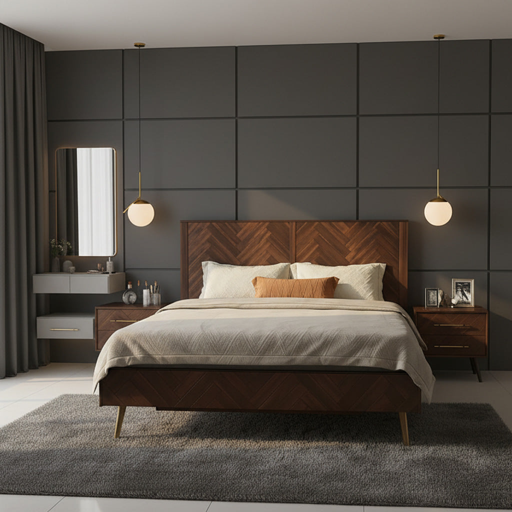 Modern Wooden Bed Frame With Herringbone Headboard