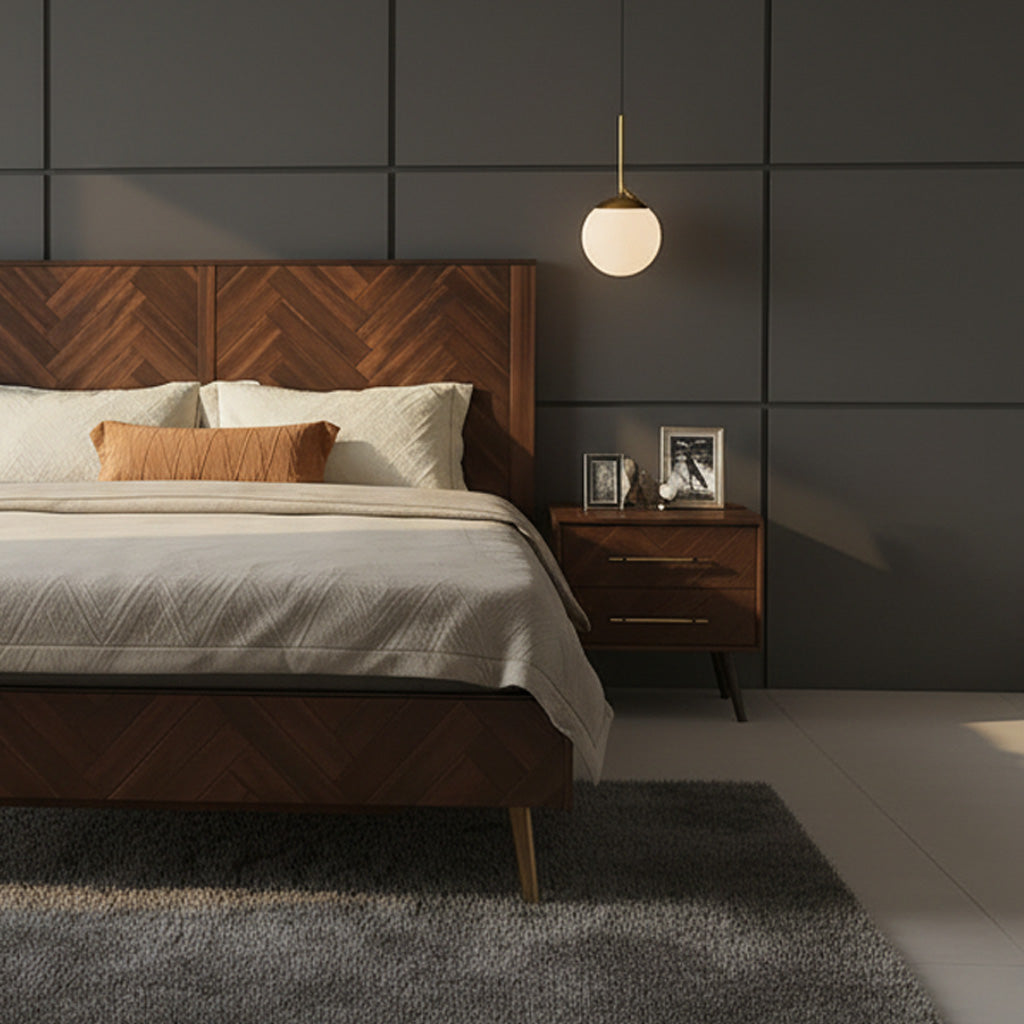 Modern Wooden Bed Frame With Herringbone Headboard