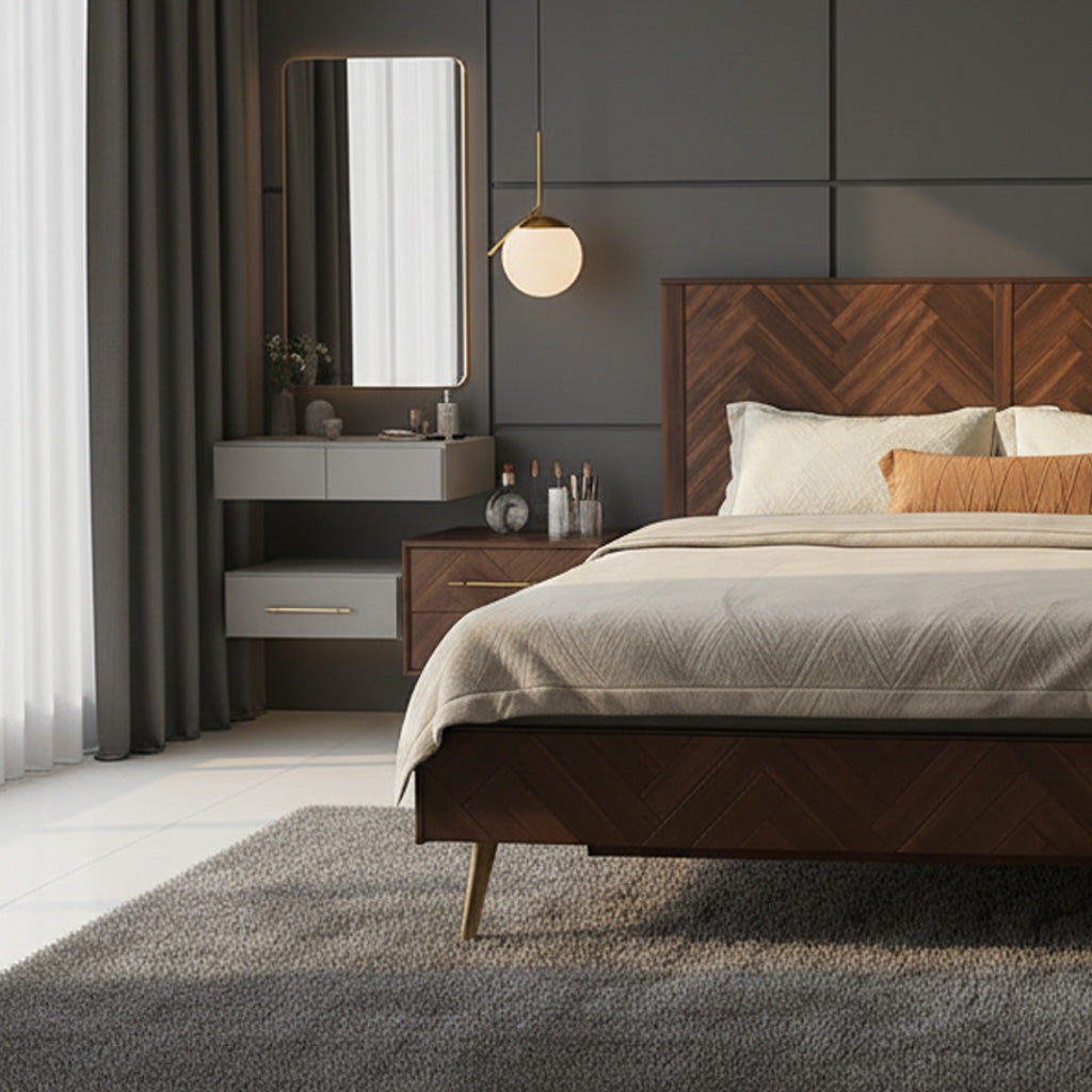 Modern Wooden Bed Frame With Herringbone Headboard