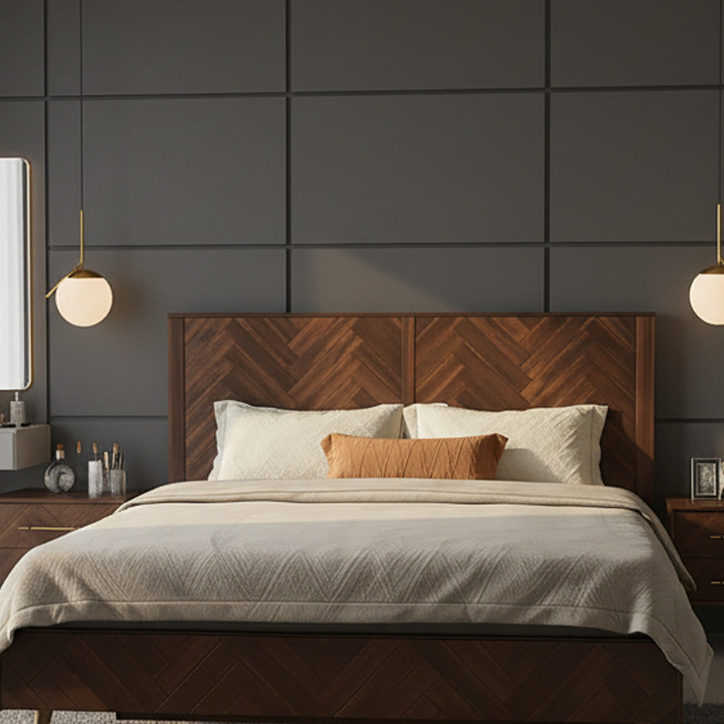 Modern Wooden Bed Frame With Herringbone Headboard
