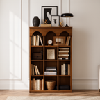 Modern Wooden Bookshelf With Arched Crown And Grid Shelves