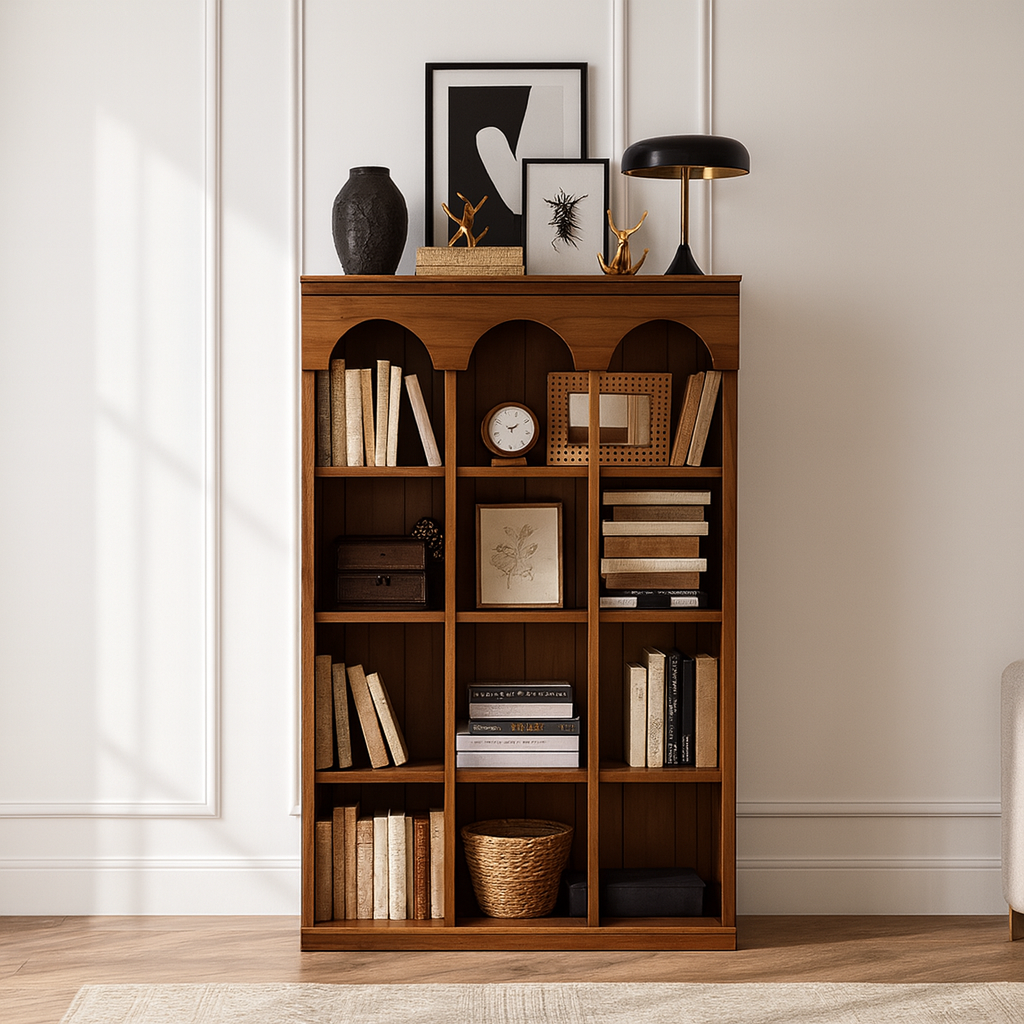 Modern Wooden Bookshelf With Arched Crown And Grid Shelves