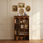 Modern Wooden Bookshelf With Arched Crown And Grid Shelves
