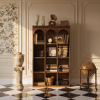 Modern Wooden Bookshelf With Arched Crown And Grid Shelves