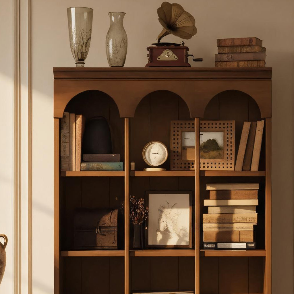 Modern Wooden Bookshelf With Arched Crown And Grid Shelves