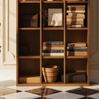 Modern Wooden Bookshelf With Arched Crown And Grid Shelves