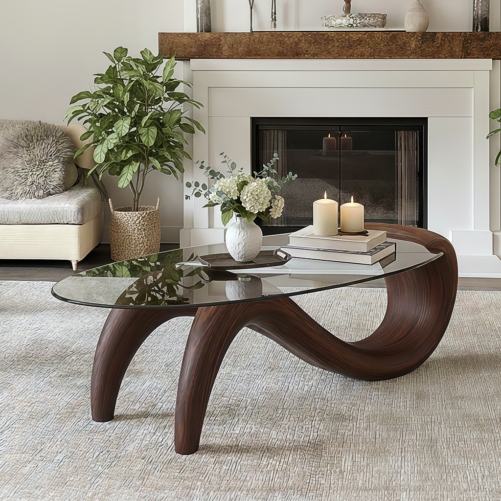 Modern Wooden Coffee Table With Glass Top And Curved Base For Living Room