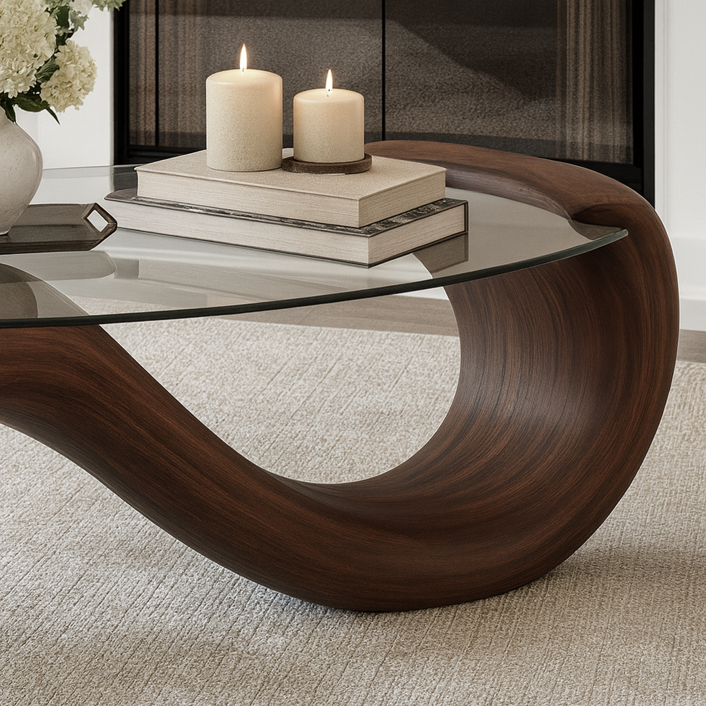 Modern Wooden Coffee Table With Glass Top And Curved Base For Living Room