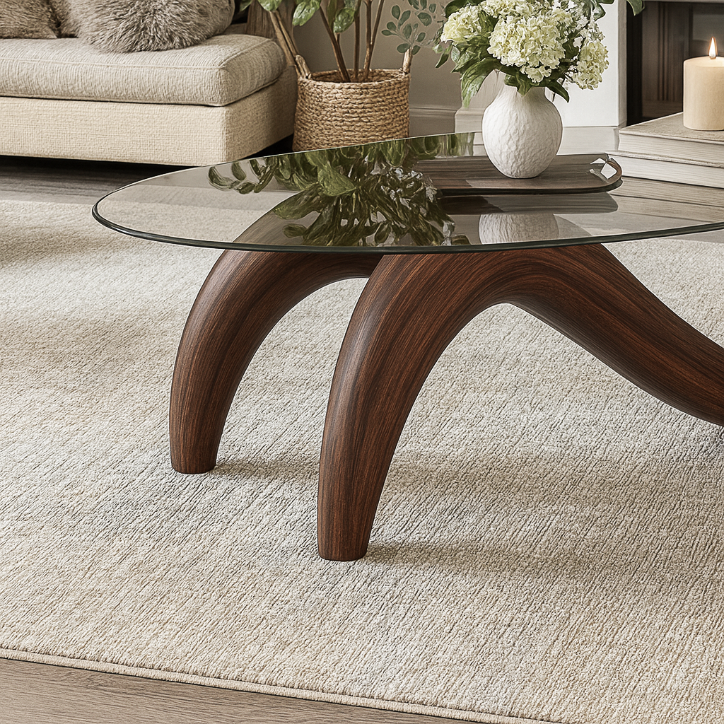 Modern Wooden Coffee Table With Glass Top And Curved Base For Living Room