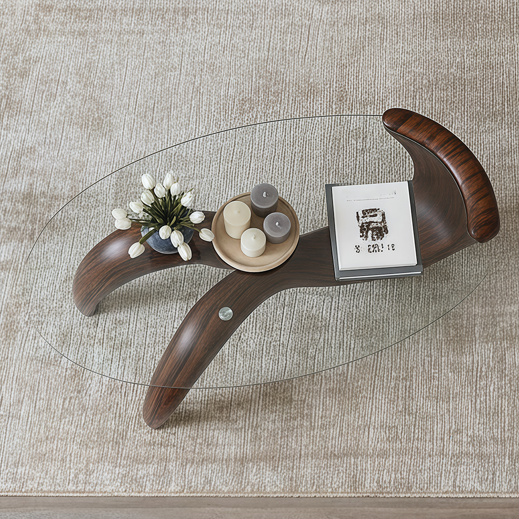 Modern Wooden Coffee Table With Glass Top And Curved Base For Living Room