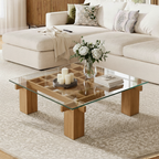 Modern Wooden Coffee Table With Glass Top And Grid Base